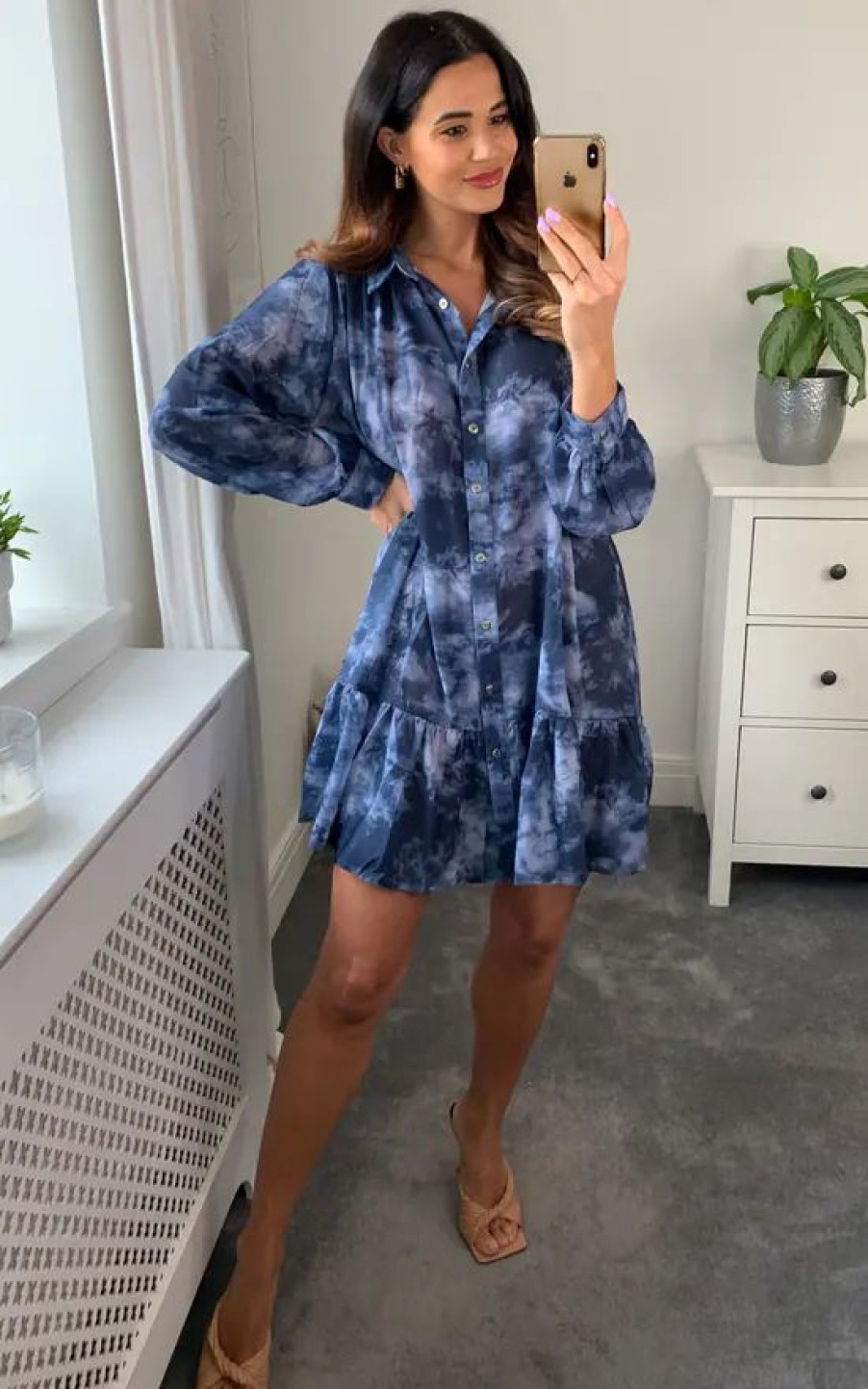 Dresses * | Best Deal Malissa J Collection Oversized Long Sleeved Shirt Dress With Frill Hemline In Denim