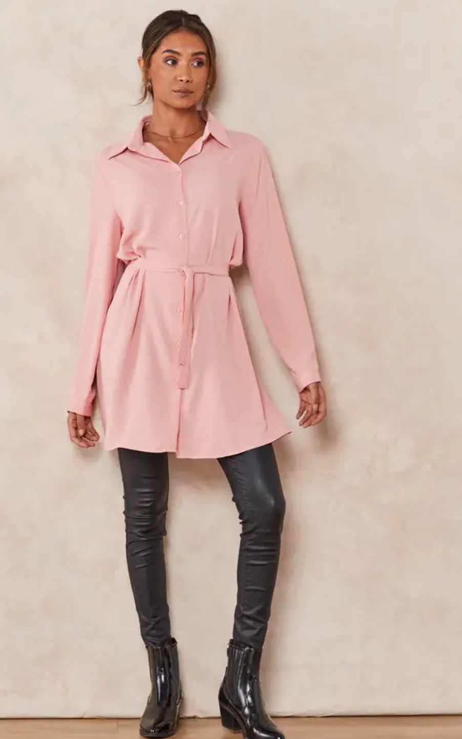 Tops * | Cheap Hoxton Gal Oversized Tie Detailed Shirt Tunic With Long Sleeves In Pink