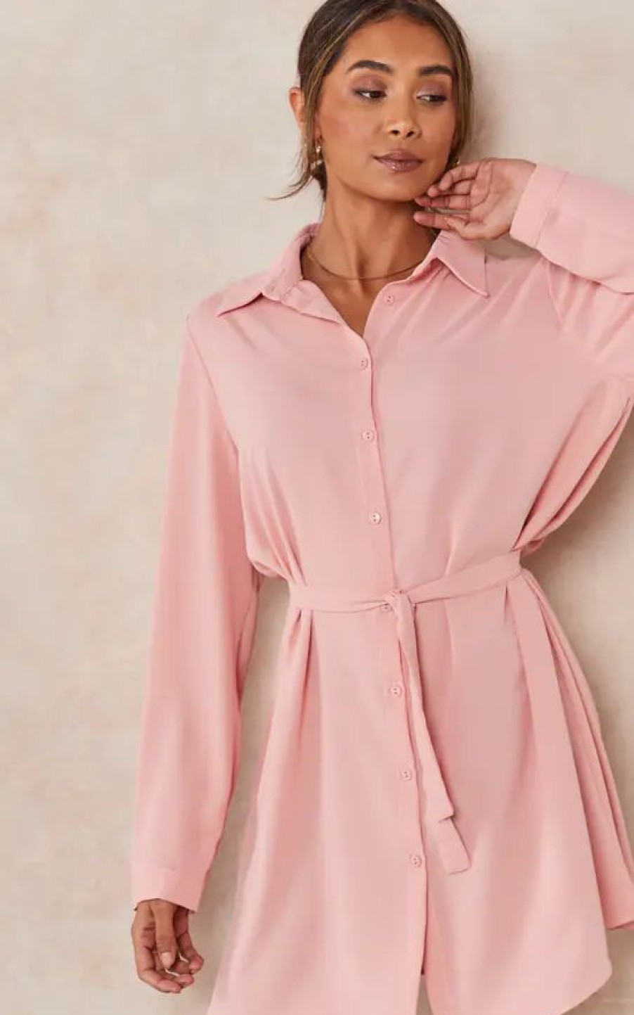 Tops * | Cheap Hoxton Gal Oversized Tie Detailed Shirt Tunic With Long Sleeves In Pink