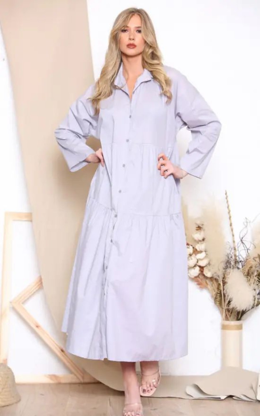 Dresses * | Top 10 Loes House Long Sleeve Shirt Maxi Dress In White