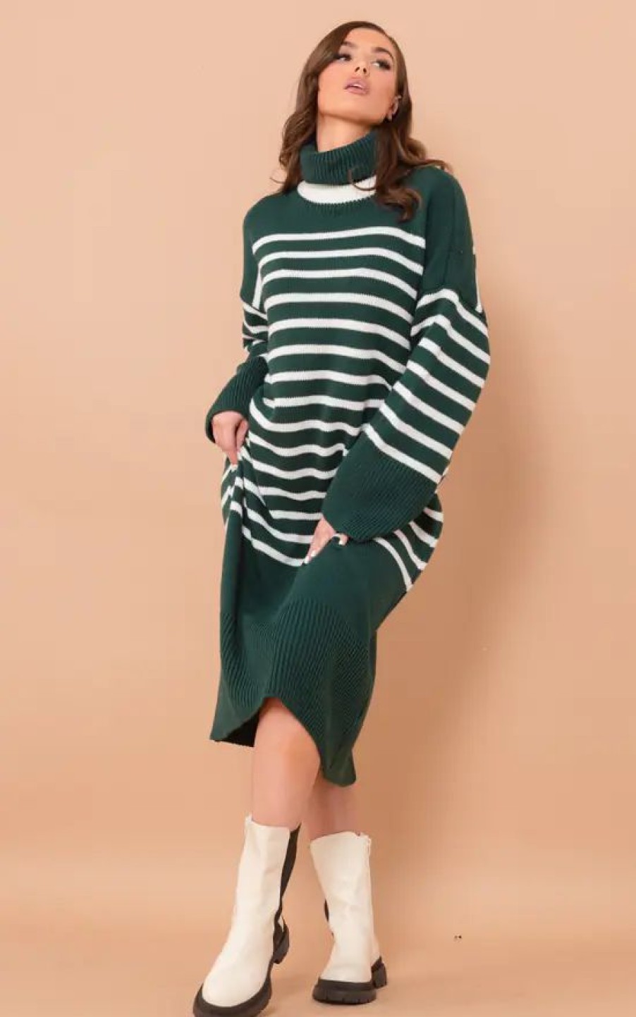 Dresses * | Outlet Boutique Store Green Long Knitted Polo Neck Off White Striped Jumper Dress