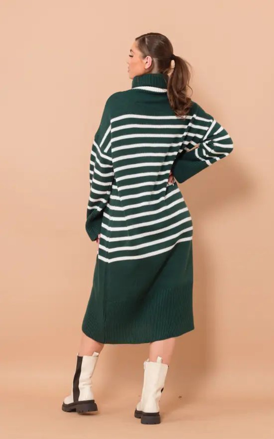 Dresses * | Outlet Boutique Store Green Long Knitted Polo Neck Off White Striped Jumper Dress