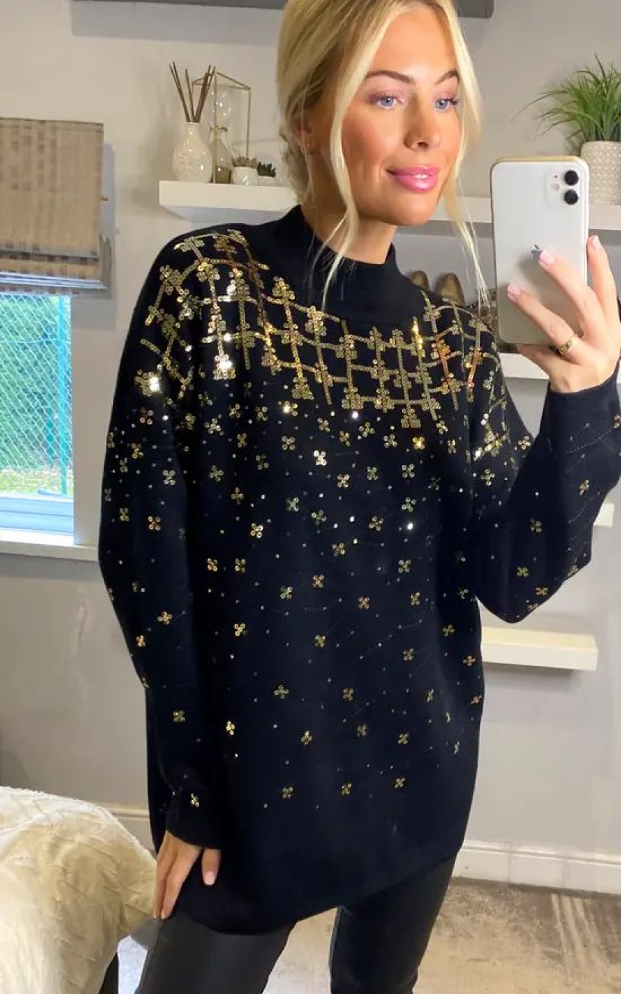 Dresses * | Coupon Cy Boutique Sequin Embellished Front And Sleeves Design Jumper Dress In Black