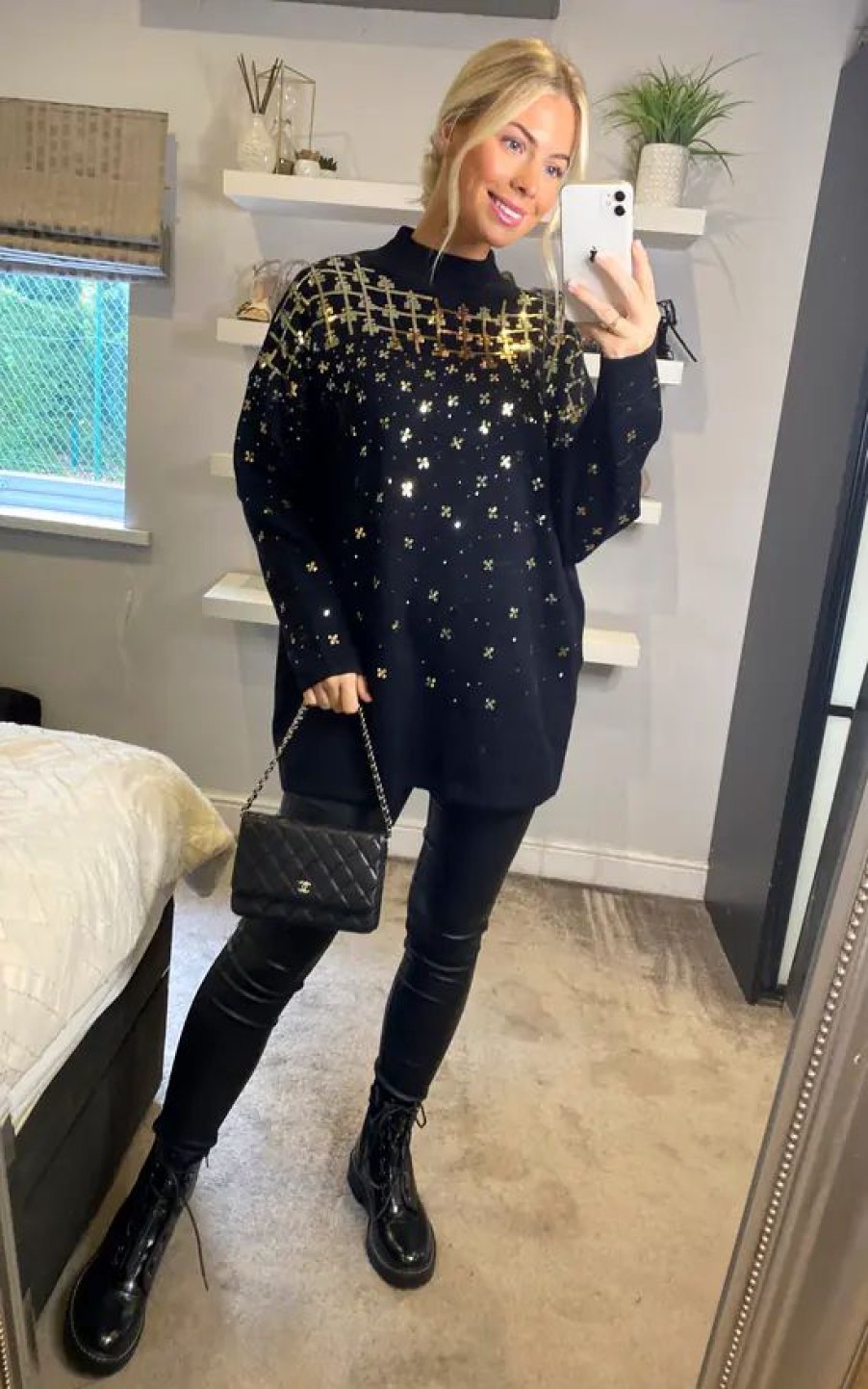 Dresses * | Coupon Cy Boutique Sequin Embellished Front And Sleeves Design Jumper Dress In Black