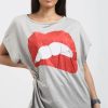 Tops * | Top 10 Oops Fashion Grey Oversized Batwing T Shirt With Lips Graphic