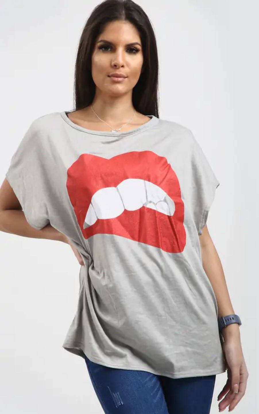 Tops * | Top 10 Oops Fashion Grey Oversized Batwing T Shirt With Lips Graphic