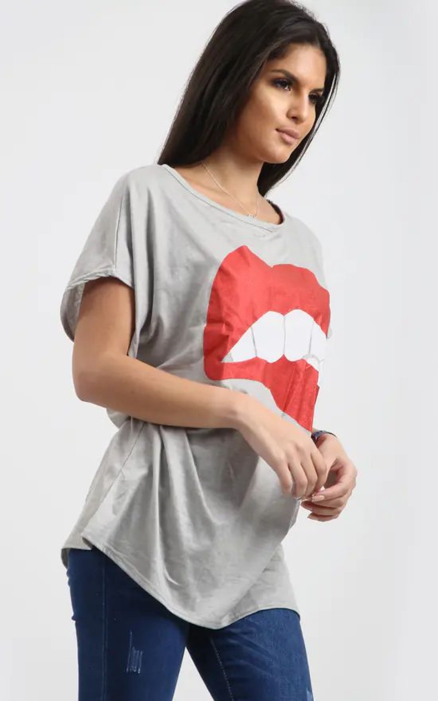 Tops * | Top 10 Oops Fashion Grey Oversized Batwing T Shirt With Lips Graphic