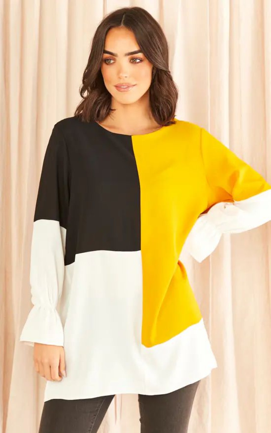 Dresses * | Buy Hoxton Gal Oversized Colour Block Top In Mustard, Black And White