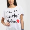 Tops * | Flash Sale Oops Fashion Mia White Off Shoulder Oversized Tshirt With Slogan Print