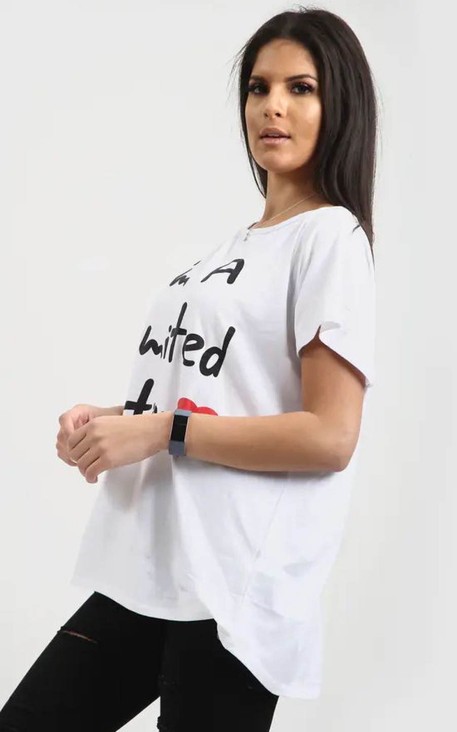 Tops * | Flash Sale Oops Fashion Mia White Off Shoulder Oversized Tshirt With Slogan Print