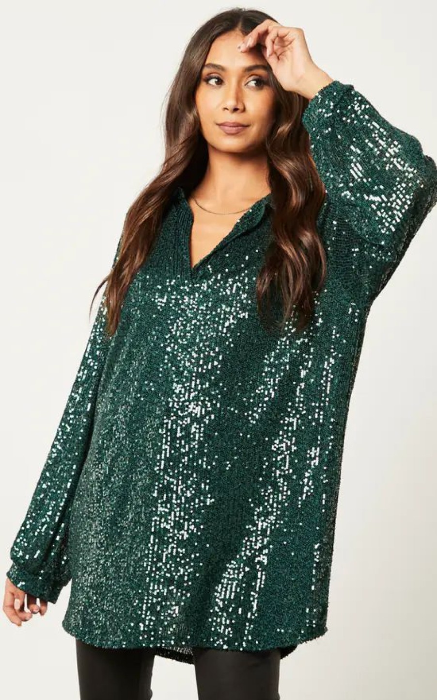 Tops * | Hot Sale Kit And Kaboodal Petra Sequin Collared Top Bottle Green