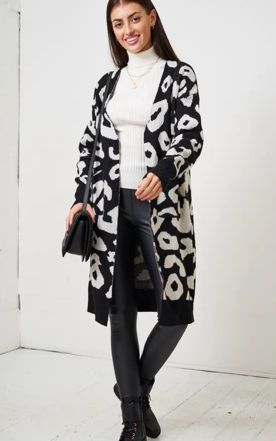 Knitwear * | Flash Sale Love Frontrow Black Leopard Print Mid Oversized Cardigan