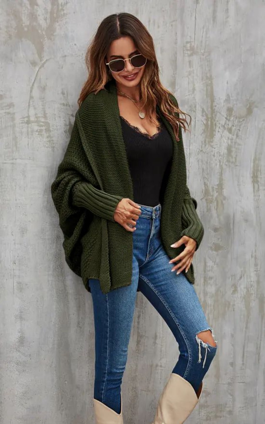 Knitwear * | Cheap Fs Collection Chunky Pleat Oversized Cardigan In Dark Olive