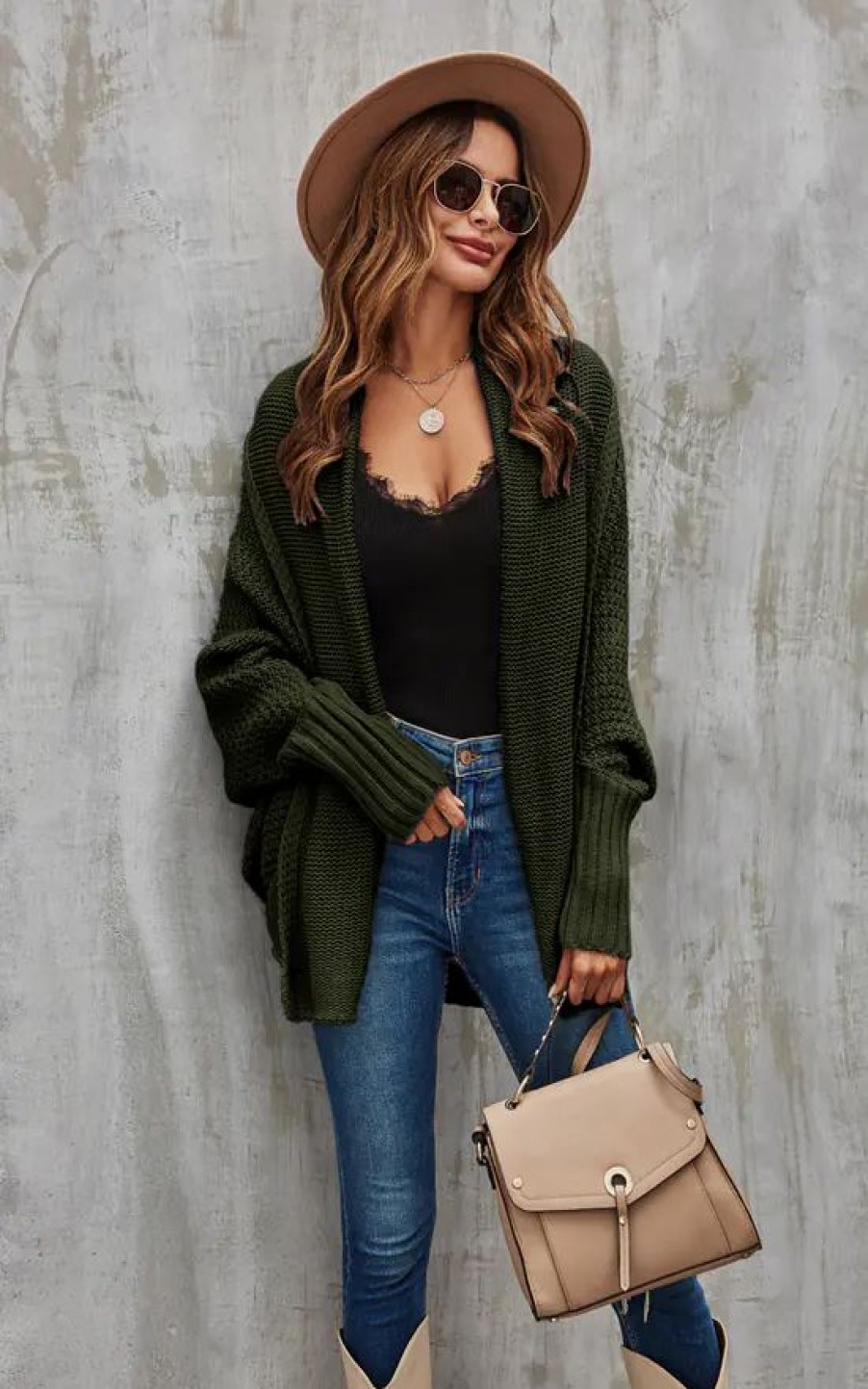 Knitwear * | Cheap Fs Collection Chunky Pleat Oversized Cardigan In Dark Olive