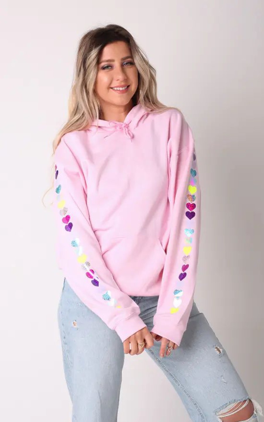 Sweaters & Hoodies * | Coupon Lime Blonde Oversized Hoodie In Baby Pink With Rainbow Glitter Heart Sleeves