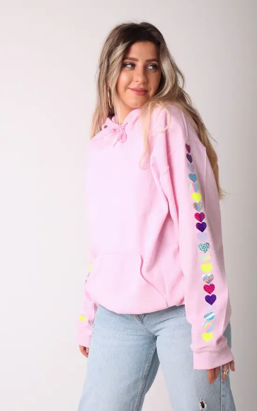 Sweaters & Hoodies * | Coupon Lime Blonde Oversized Hoodie In Baby Pink With Rainbow Glitter Heart Sleeves