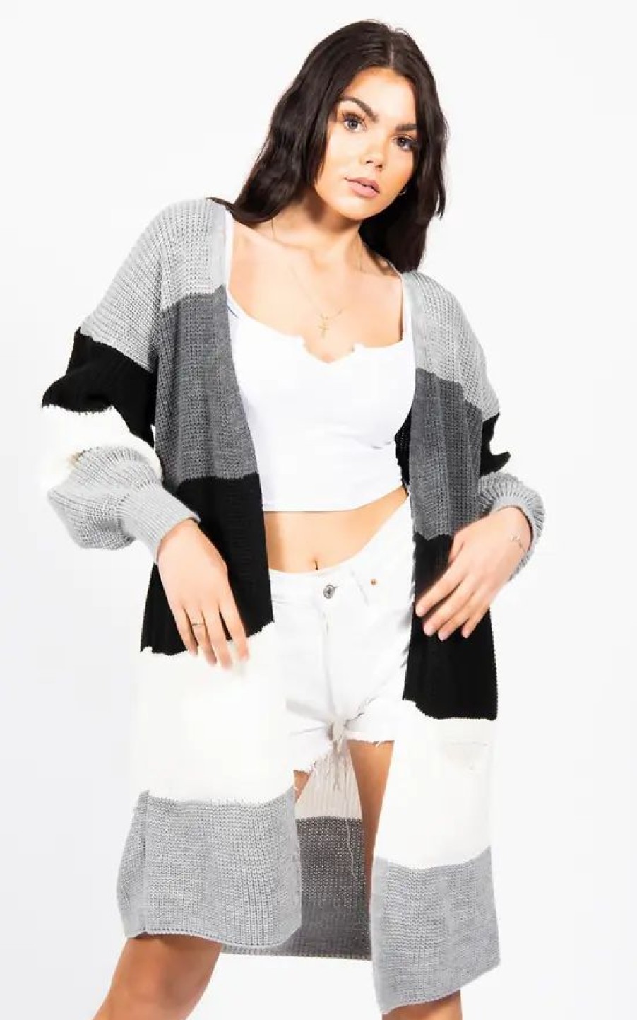 Knitwear * | Flash Sale Justyouroutfit Grey Colour Block Longline Cardigan