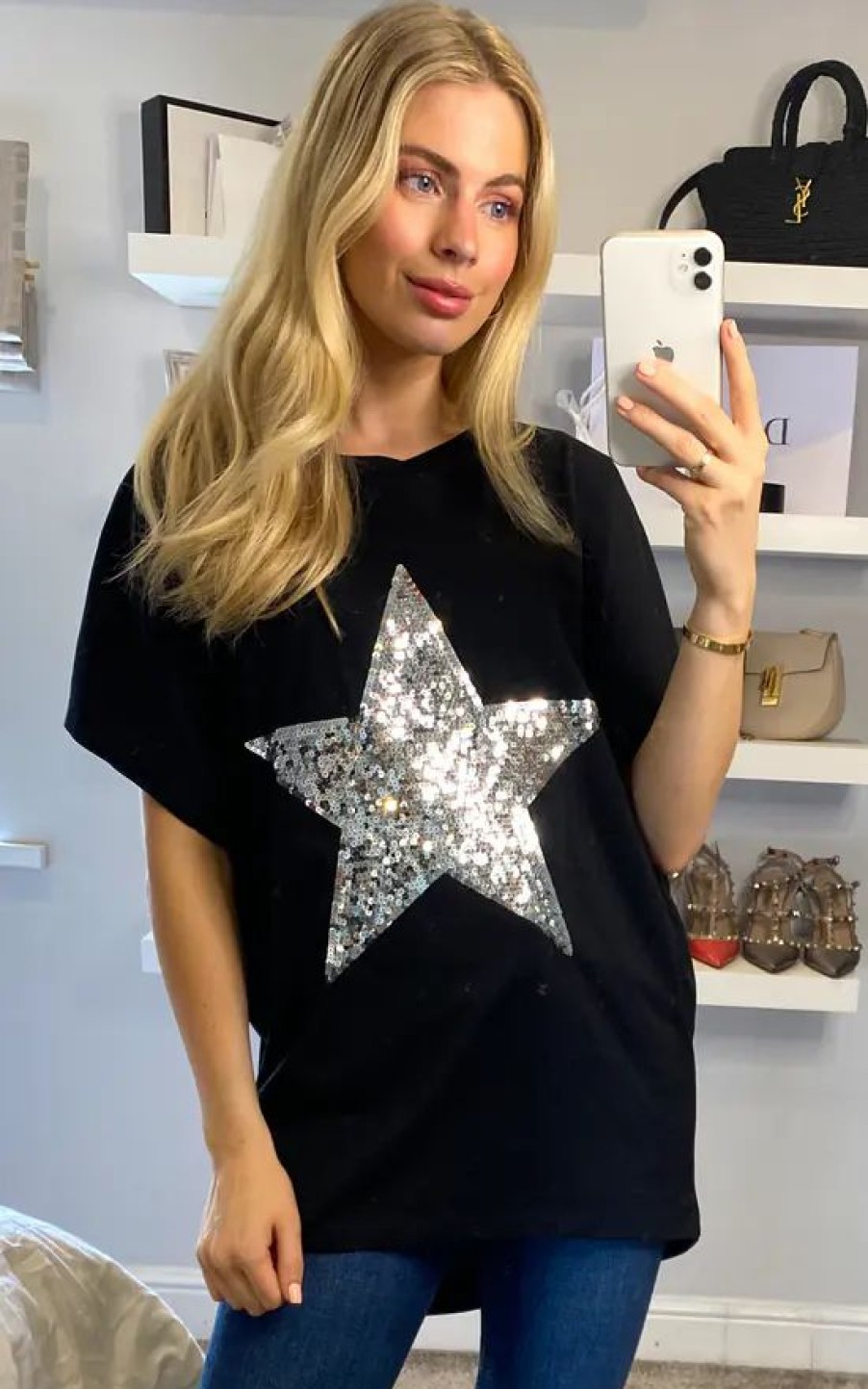 Tops * | Hot Sale Hoxton Gal Oversized Star T Shirt In Black