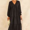 Dresses * | Best Sale Gini London Oversized V Neck Midi Smock Long Sleeve Black Dress