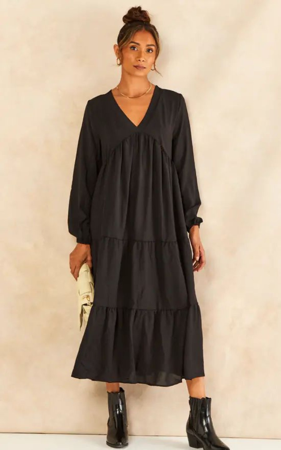 Dresses * | Best Sale Gini London Oversized V Neck Midi Smock Long Sleeve Black Dress