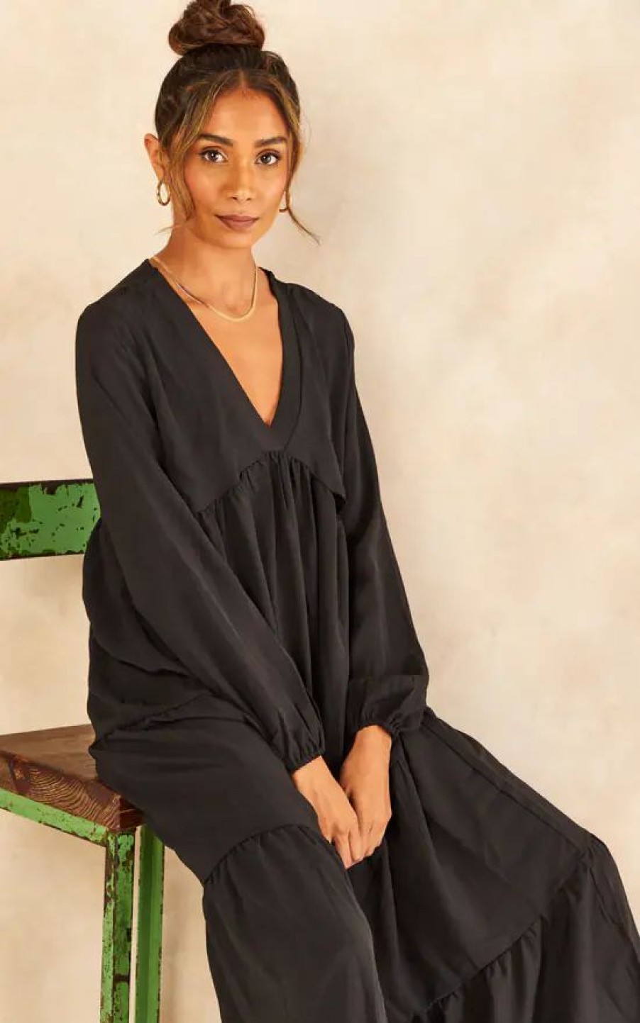 Dresses * | Best Sale Gini London Oversized V Neck Midi Smock Long Sleeve Black Dress