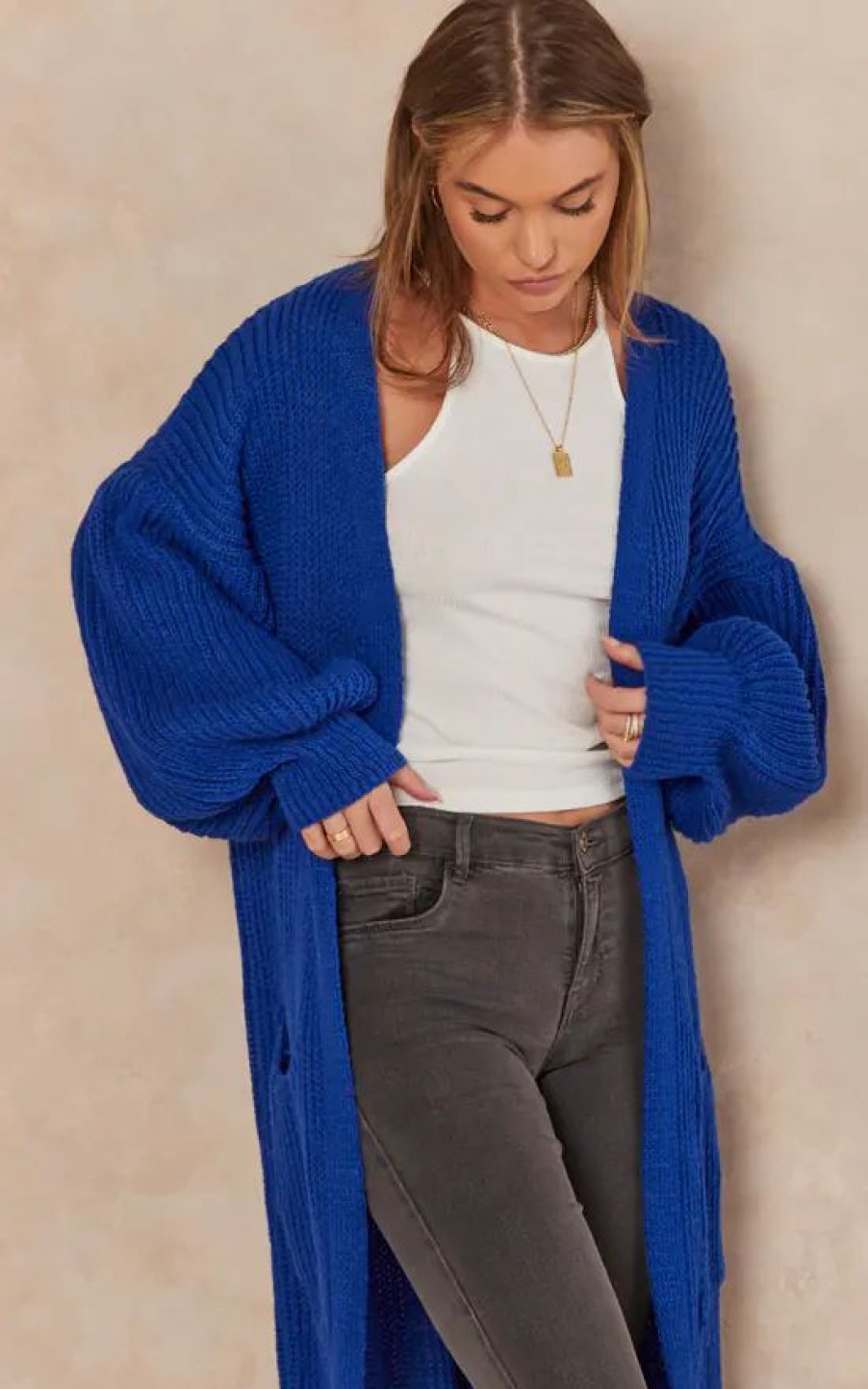 Knitwear * | Cheapest Gini London Blue Long Knitted Cardigan