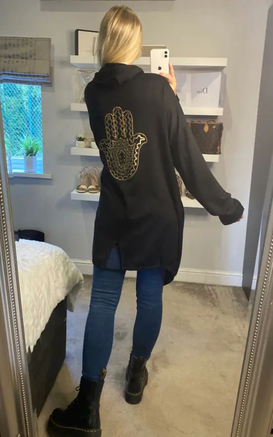 Sweaters & Hoodies * | Best Deal Malissa J Collection Zip Through Jersey Parker With Gold Hamsa Motif