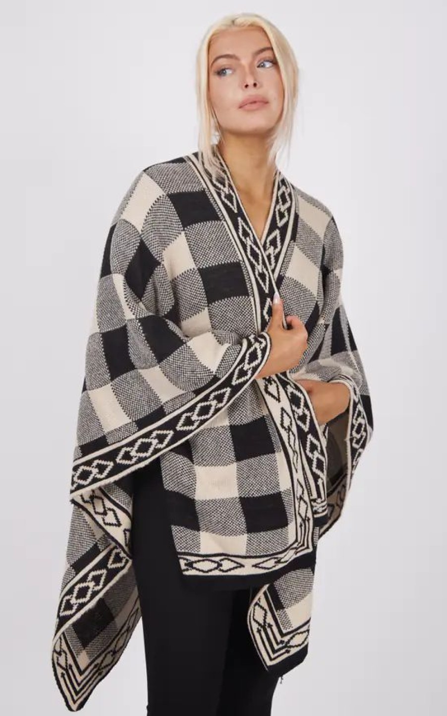 Knitwear * | Hot Sale Boutique Store Beige And Black Check Print Poncho One Size Fit (10 20)