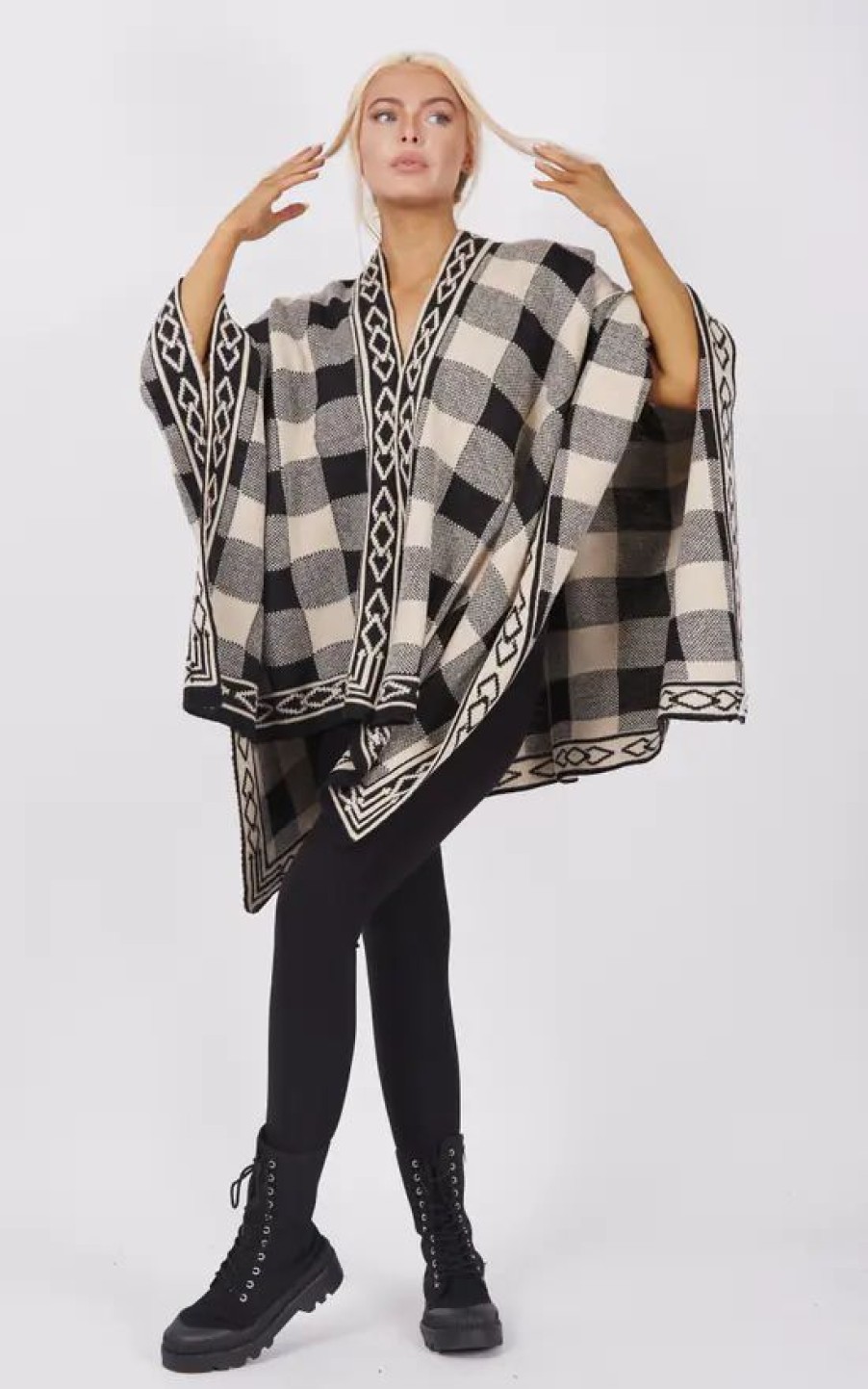 Knitwear * | Hot Sale Boutique Store Beige And Black Check Print Poncho One Size Fit (10 20)