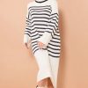 Dresses * | Outlet Boutique Store Off White Long Knitted Polo Neck Navy Striped Jumper Dress