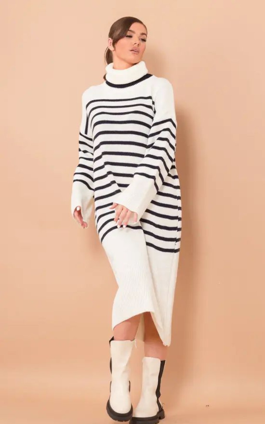 Dresses * | Outlet Boutique Store Off White Long Knitted Polo Neck Navy Striped Jumper Dress