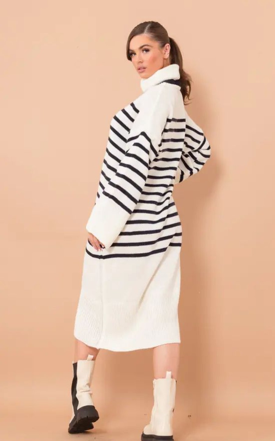 Dresses * | Outlet Boutique Store Off White Long Knitted Polo Neck Navy Striped Jumper Dress