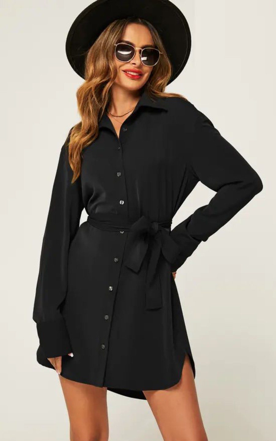 Dresses * | Buy Fs Collection Oversized Rounded Side Split Mini Shirt Dress In Black