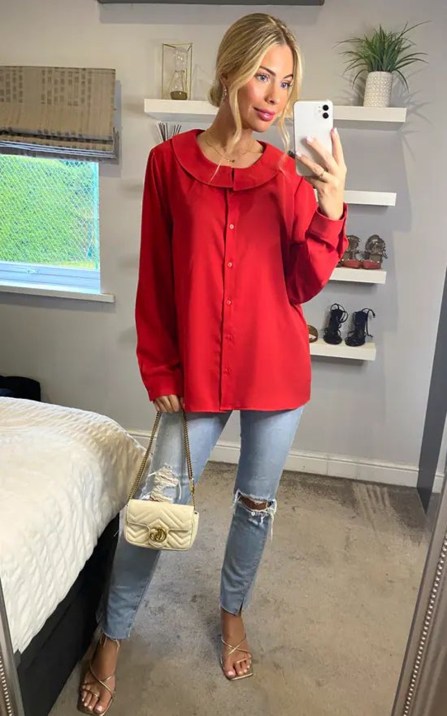 Tops * | Deals Hoxton Gal Long Sleeves Detailed Collar Shirt In Red