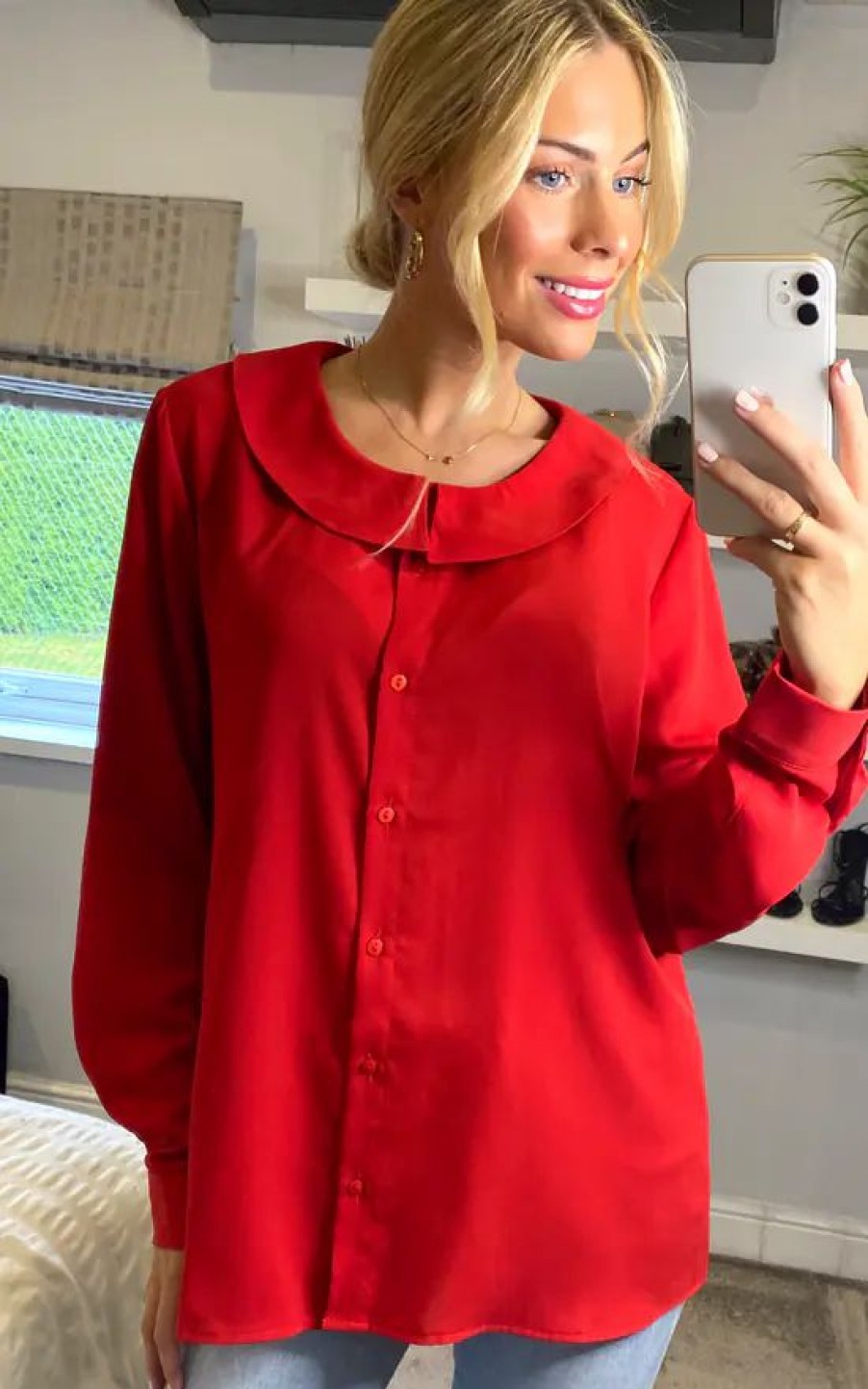 Tops * | Deals Hoxton Gal Long Sleeves Detailed Collar Shirt In Red