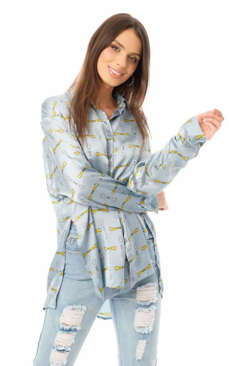 Tops * | Best Sale Loes House Oversized Chain Print Shirt In Powder Blue