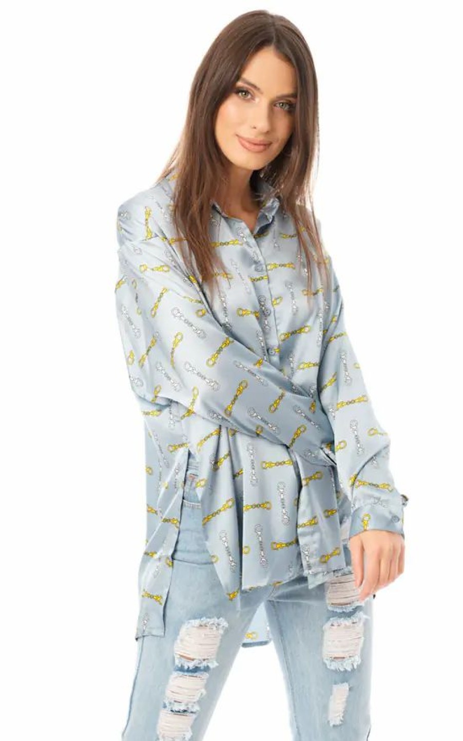 Tops * | Best Sale Loes House Oversized Chain Print Shirt In Powder Blue