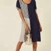 Dresses * | Best Reviews Of Cy Boutique Short Sleeve Shift Dress In Navy Stripe Patchwork Print