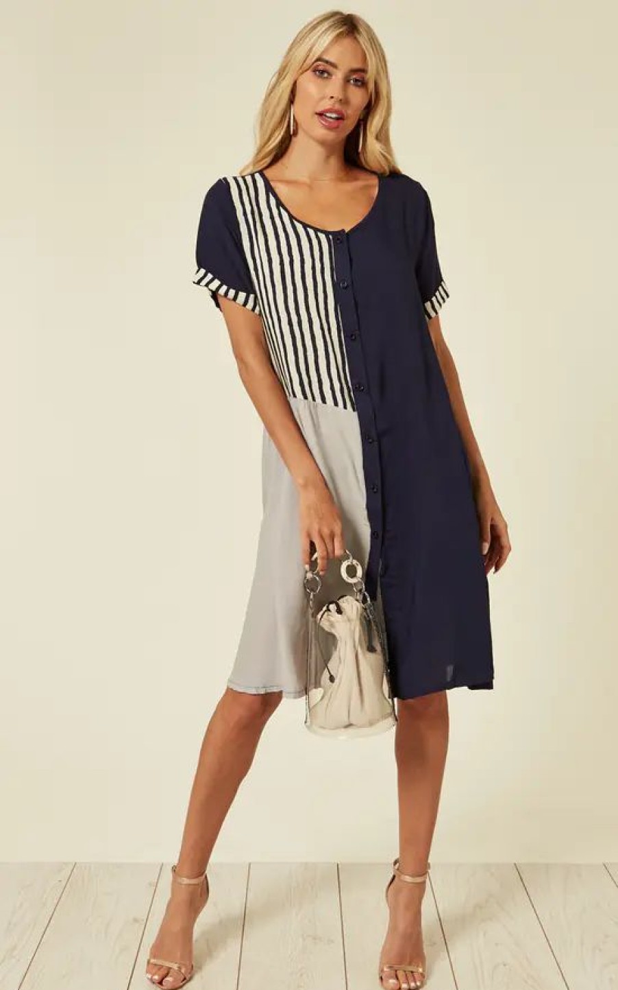 Dresses * | Best Reviews Of Cy Boutique Short Sleeve Shift Dress In Navy Stripe Patchwork Print