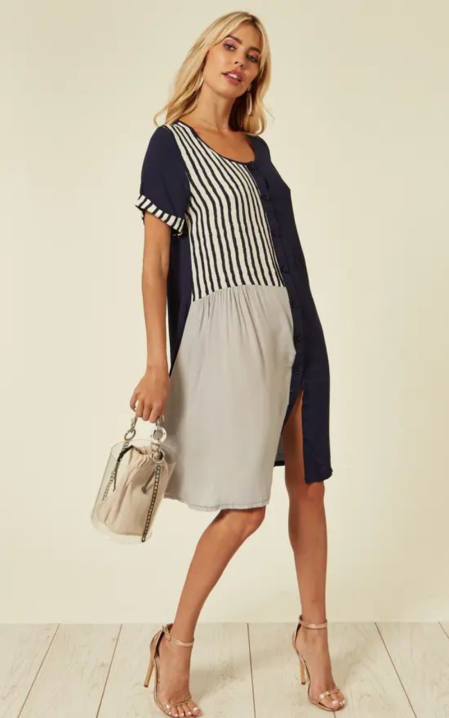 Dresses * | Best Reviews Of Cy Boutique Short Sleeve Shift Dress In Navy Stripe Patchwork Print