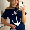 Tops * | Hot Sale Jenerique Off Shoulder Oversized Summer Navy Top/T Shirt With Marine Print