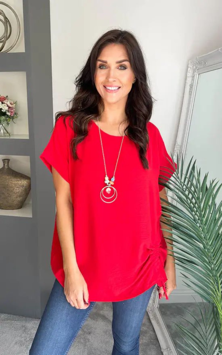 Tops * | Hot Sale Nova Notte Red Short Sleeve Tie Detail Necklace Top Matilda