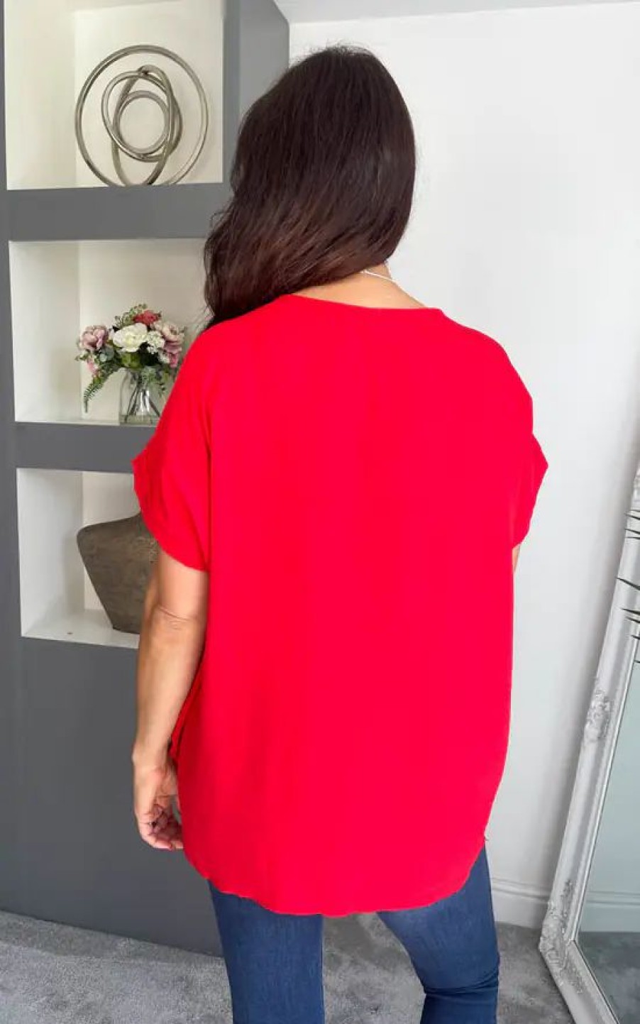 Tops * | Hot Sale Nova Notte Red Short Sleeve Tie Detail Necklace Top Matilda