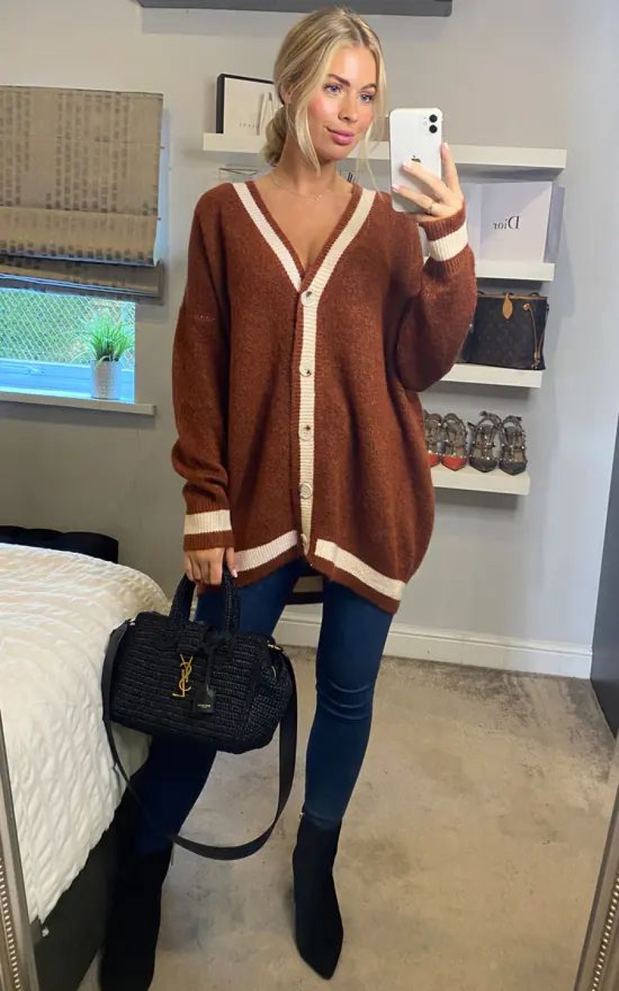 Knitwear * | Best Reviews Of Cy Boutique Oversized Paris Embroidered Cardigan In Brown