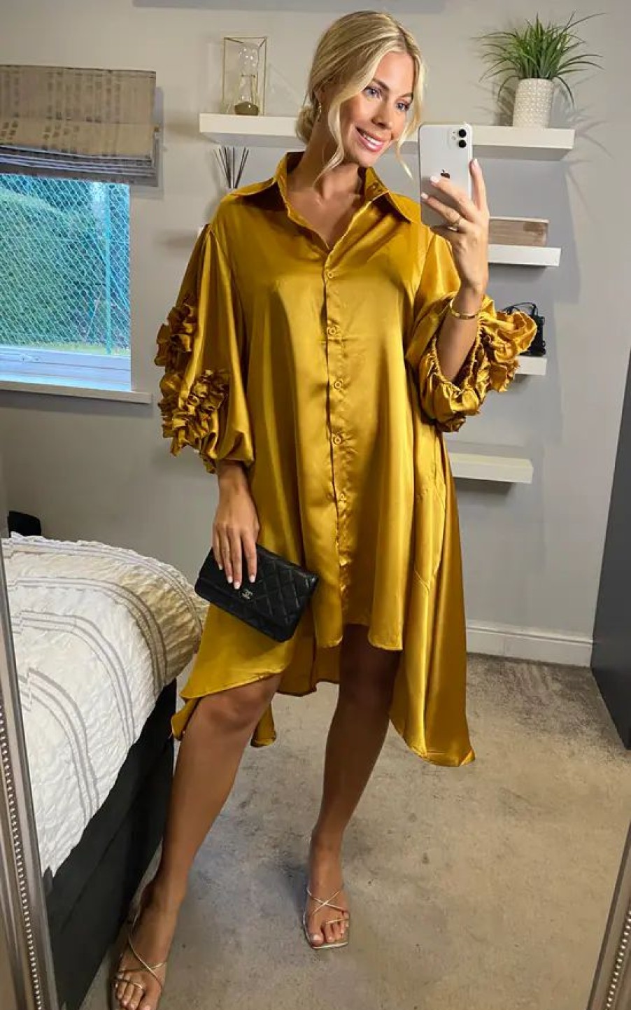 Tops * | Cheapest Cy Boutique Oversized Shirt Dress With Floral Sleeves In Mustard Yellow