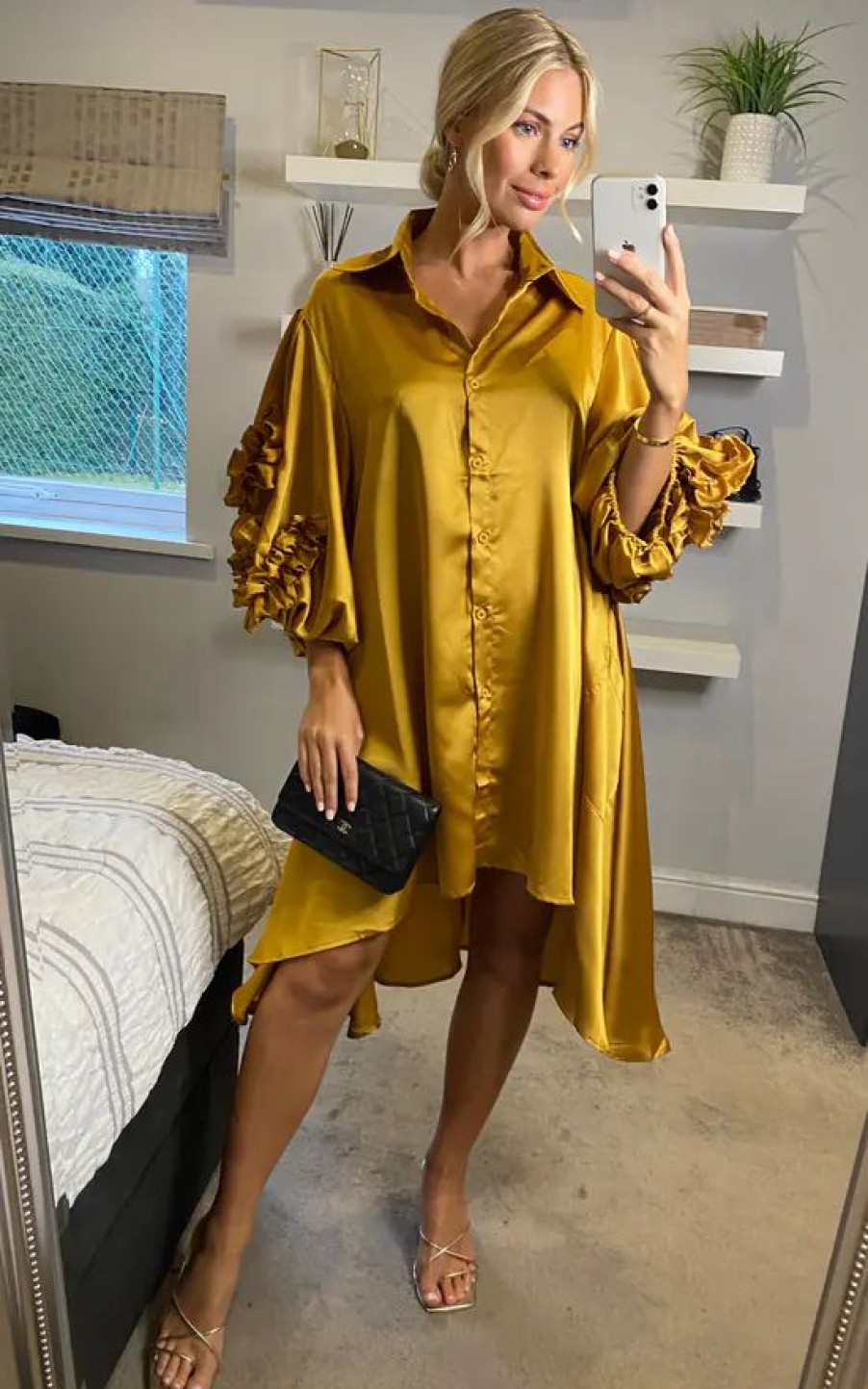 Tops * | Cheapest Cy Boutique Oversized Shirt Dress With Floral Sleeves In Mustard Yellow