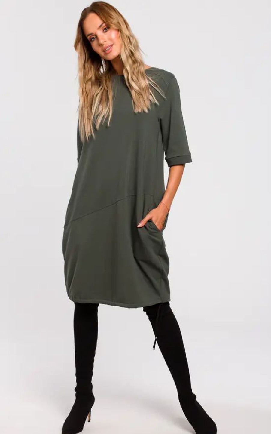 Dresses * | Best Sale Moe Military Green Oversized Sweatshirt Dress With Short Sleeves