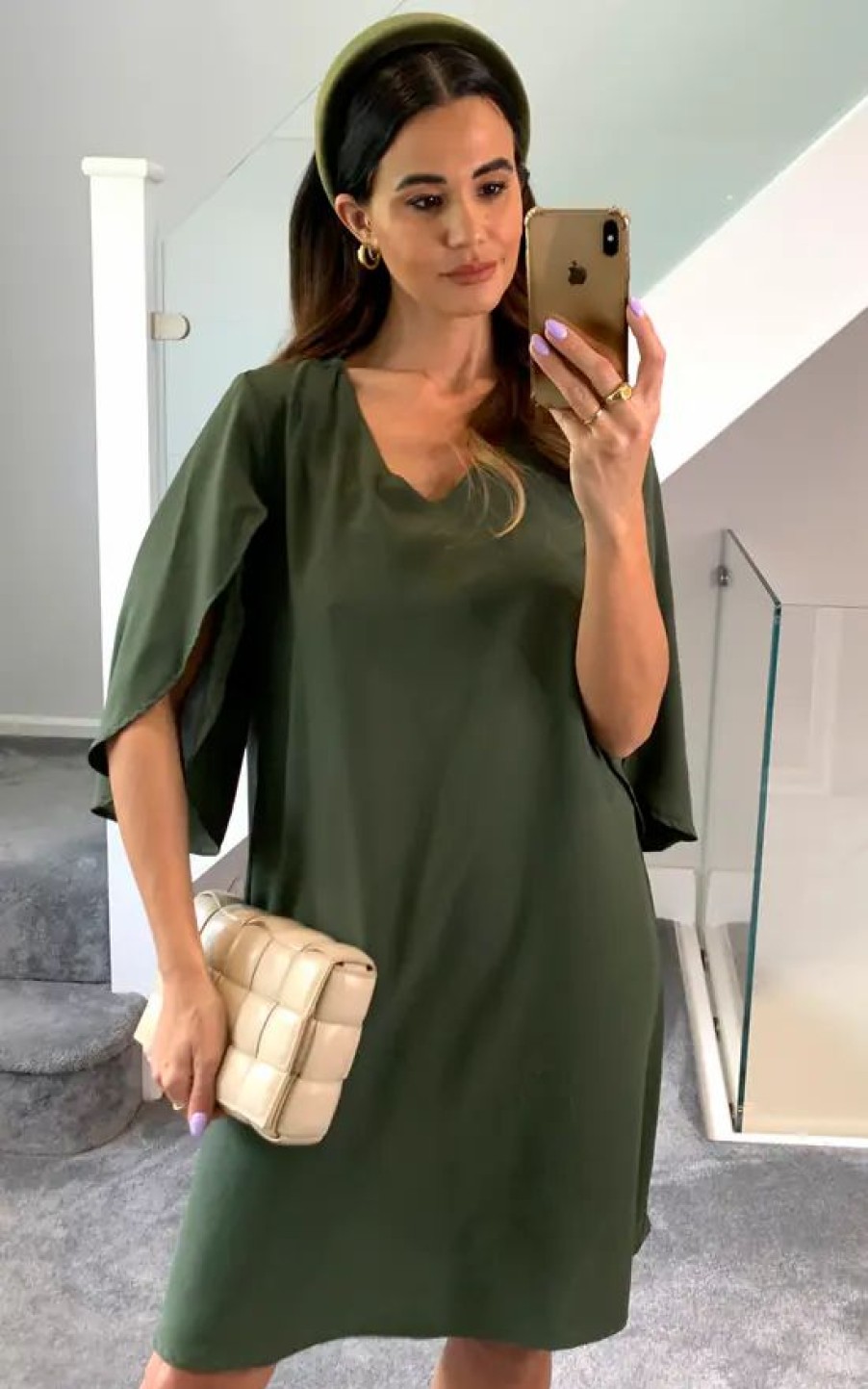 Dresses * | Promo Hoxton Gal Oversized V Neck Tunic With Split Sleeves In Khaki