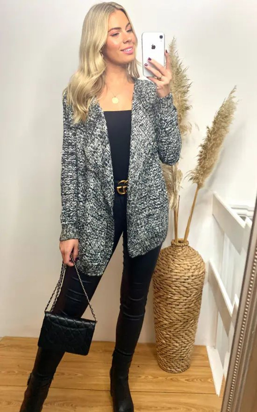 Knitwear * | Top 10 Cy Boutique Knitted Draped Waterfall Cardigan In Black And Grey