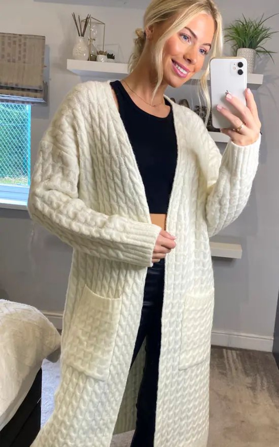 Knitwear * | Hot Sale Cy Boutique Cable Knit Design Wool Blended Long Oversized Cardigan In White